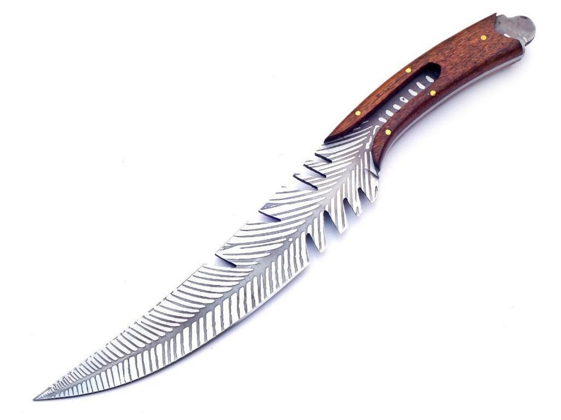 10" Full Tang Feather Edge Skinning Knife: 10" Full Tang Feather Edge Skinning Knife. A Decoratively Designed Feather Blade sporting a Full Tang Riveted In To A Wooden Handle. Each blade is created Using 256 Layers Of 1095 and 15N20 High