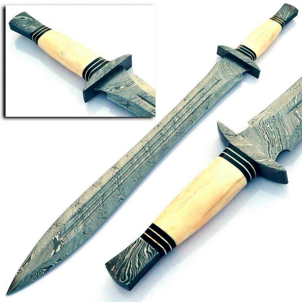 THE ANCIENTS Damascus Sword: For Auction Is A Stunning Handmade ANCIENTS Damascus Steel Sword With A Incredible Bone Inlayed Handle. Each blade is created Using 256 Layers Of 1095 and 15N20 High Carbon Steels?????? To Produce A
