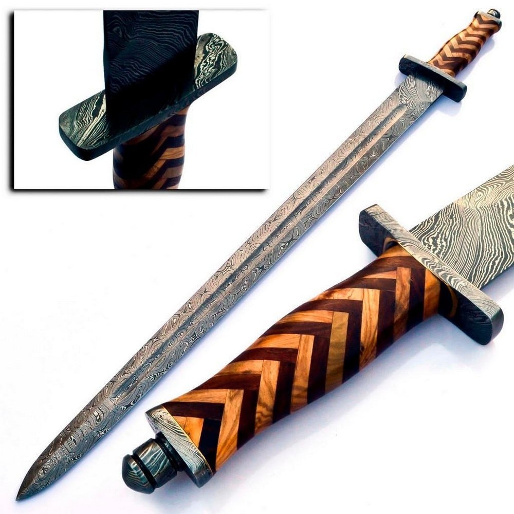 THE BARONS Damascus Sword: For Auction Is A Stunning Handmade Damascus Steel Medieval Inspired Sword With A Stunning Inlay Rose Wood Handle. Each blade is created Using 256 Layers Of 1095 and 15N20 High Carbon Steels?????? To