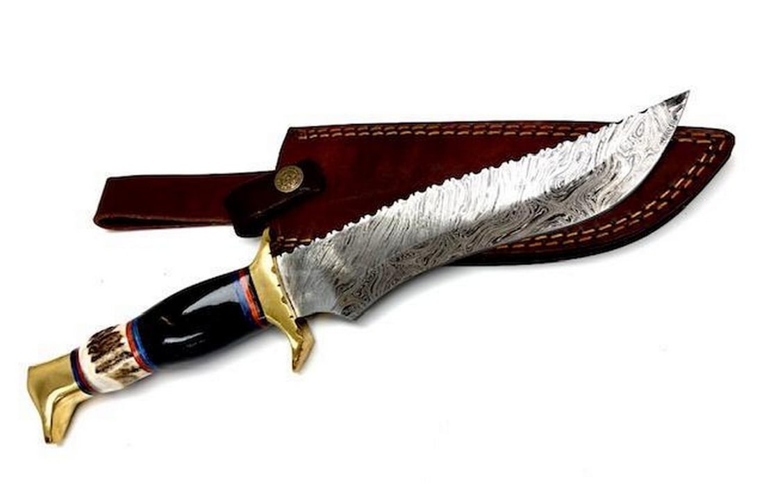 13" Inlaid Wood Handle Damascus Hunting Knife With: 13" Inlaid Wood Handle Damascus Hunting Knife With Stitched Leather Sheath An Excellent Hand Crafted Shive To Add To Any Collection. A Very Well Designed Custom Handle Involving Many Hours Of