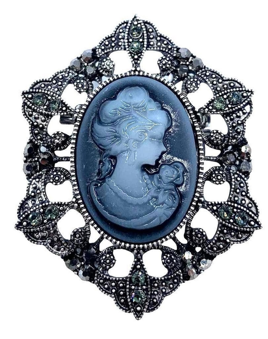 Crystal Rhinestones Cameo Vintage Brooch for Women: Vintage Blue and Silver Crystal Rhinestone Cameo Brooch Color: Silver Material: Crystal & Alloy Size: Approximately 3.3 x 5.2cm View Photos For Further Details