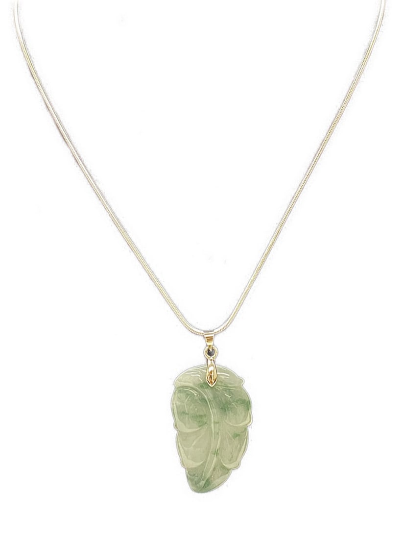 Floral Jadeite Hand-Carved Leaf Pendant: Floral Jadeite Hand-Carved Leaf Pendant. Please view photos for further details.