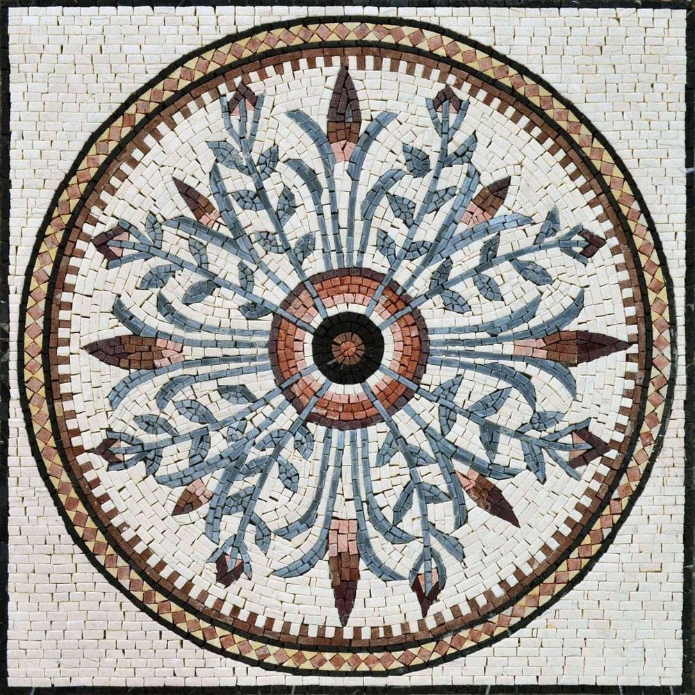 Lush Garden Mosaic Panel - Camille: Lush Garden Mosaic Panel - Camille A stunning handcrafted marble mosaic, the Camille panel captures the beauty of a lush garden with vibrant red blossoms arranged in an intricate floral design.