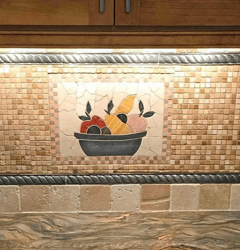 Winter Harvest Mosaic Fruit Bowl: Winter Harvest Mosaic Fruit Bowl A handcrafted rectangular mosaic made from natural marble. This design features a vibrant arrangement of fruits - including pear, apple, banana, and orange - rendered