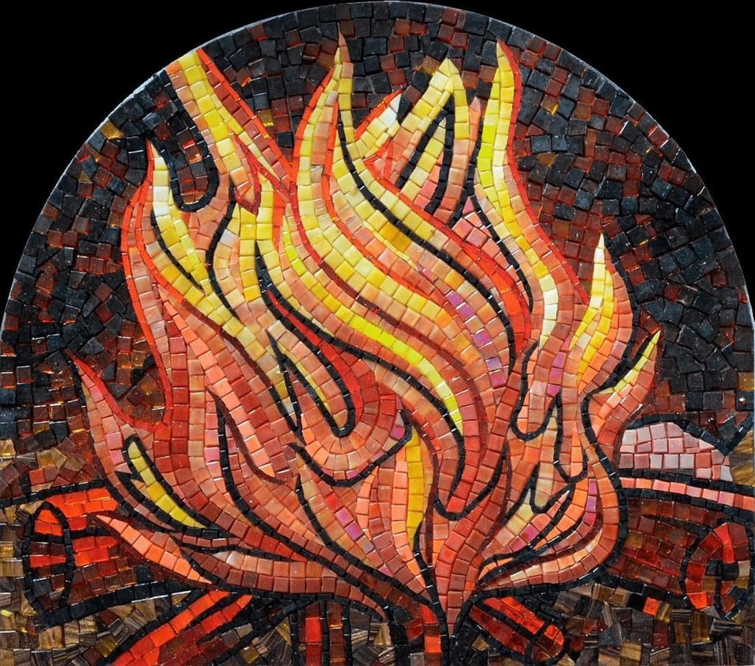 Radiant Campfire Mosaic - Handcrafted Glass Art: Radiant Campfire Mosaic - Handcrafted Glass Art A handcrafted rectangular mosaic made from glass, the Radiant Campfire Mosaic captures the warmth and vibrant energy of a crackling campfire. This