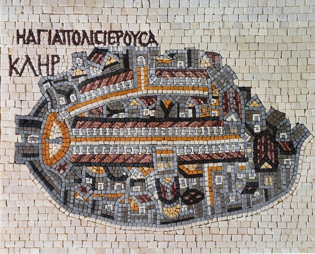 Mosaic Madaba Map: Mosaic Madaba Map A handcrafted rectangular mosaic made from natural marble. This design replicates the historic Madaba Map, a 6th-century floor mosaic originally located in the Church of Saint