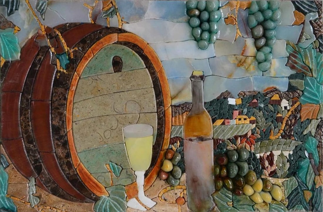 Barrel Wine Countryside Marble Mosaic: Barrel Wine Countryside Marble Mosaic A handcrafted rectangular mosaic made from natural marble stones. This design features a 3D depiction of a countryside winery with barrels and vineyards, mounted