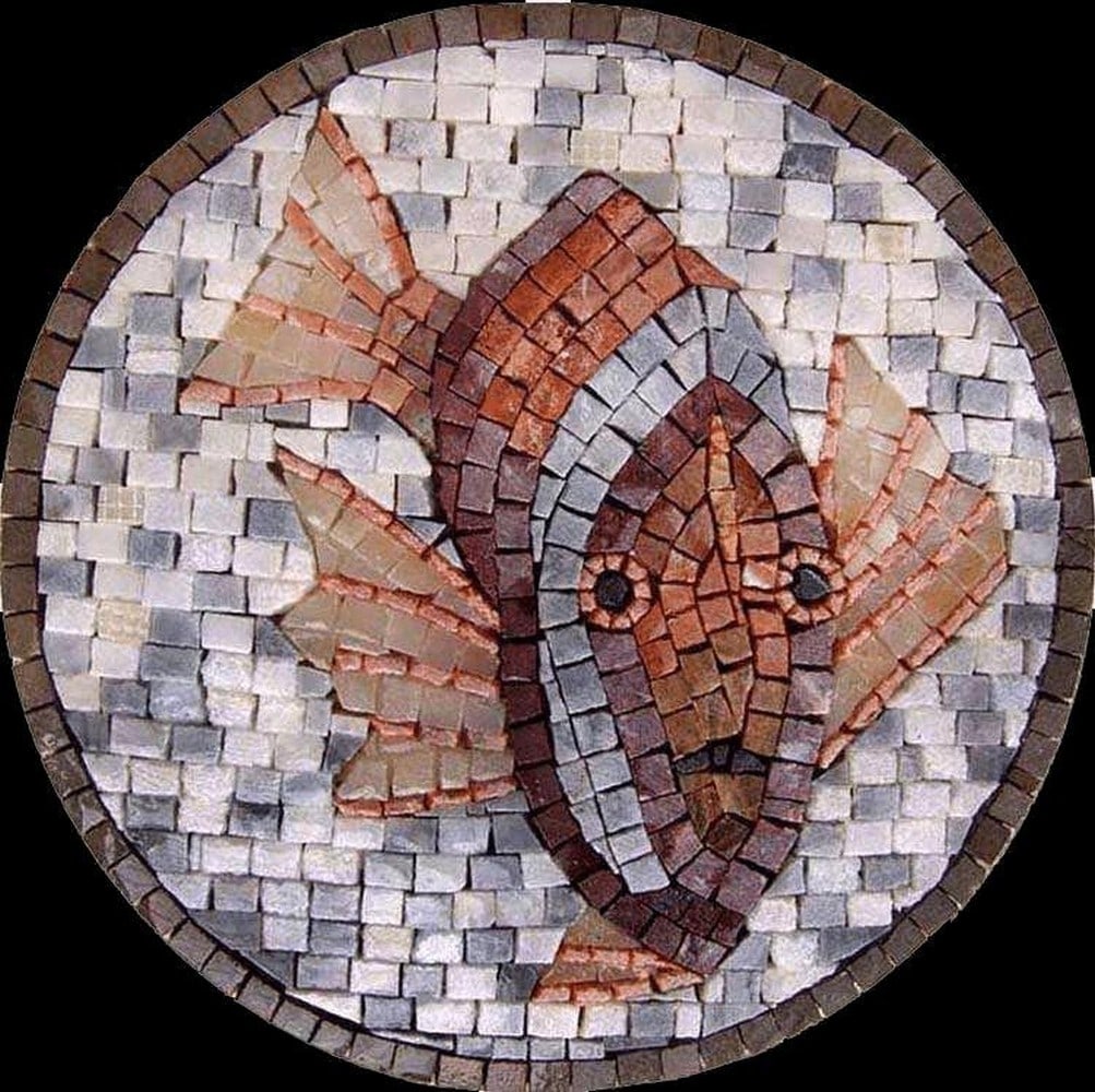 Fish Medallion Mosaic: Fish Medallion Mosaic A handcrafted square mosaic made from natural marble. This design features an elegant fish medallion pattern, combining artistry and natural beauty for a striking decorative
