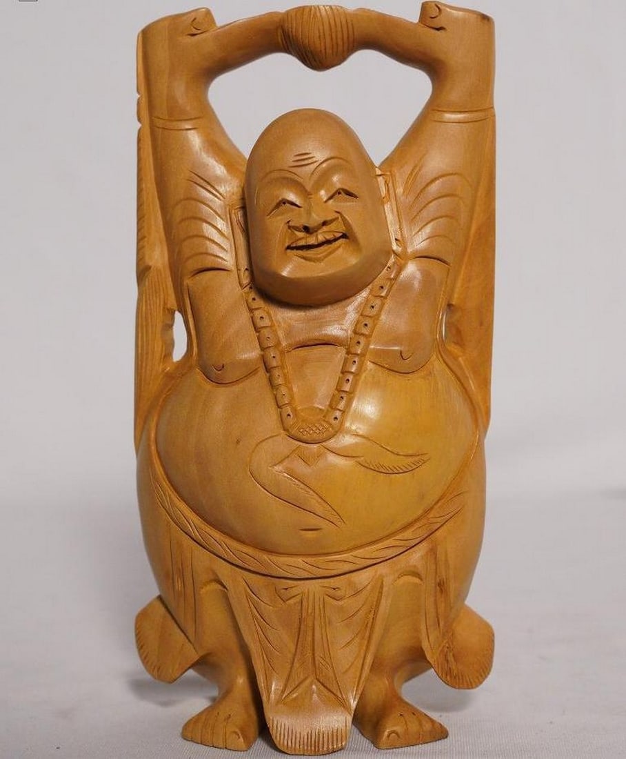 8" Standing Laughing Buddha Sculpture Handmade White Wood Figurine: 8" Standing Laughing Buddha Sculpture Handmade White Wood Figurine This finely handcrafted statue depicts the Laughing Buddha standing with a joyful expression, symbolizing happiness, abundance, a