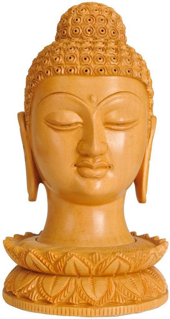 6" Serene Buddha Head on Lotus Kaima Wood Handcrafted Sculpture: 6" Serene Buddha Head on Lotus Kaima Wood Handcrafted Sculpture This finely handcrafted sculpture features the serene head of Lord Buddha atop a delicate lotus, carved from Kaima wood. The Buddha'