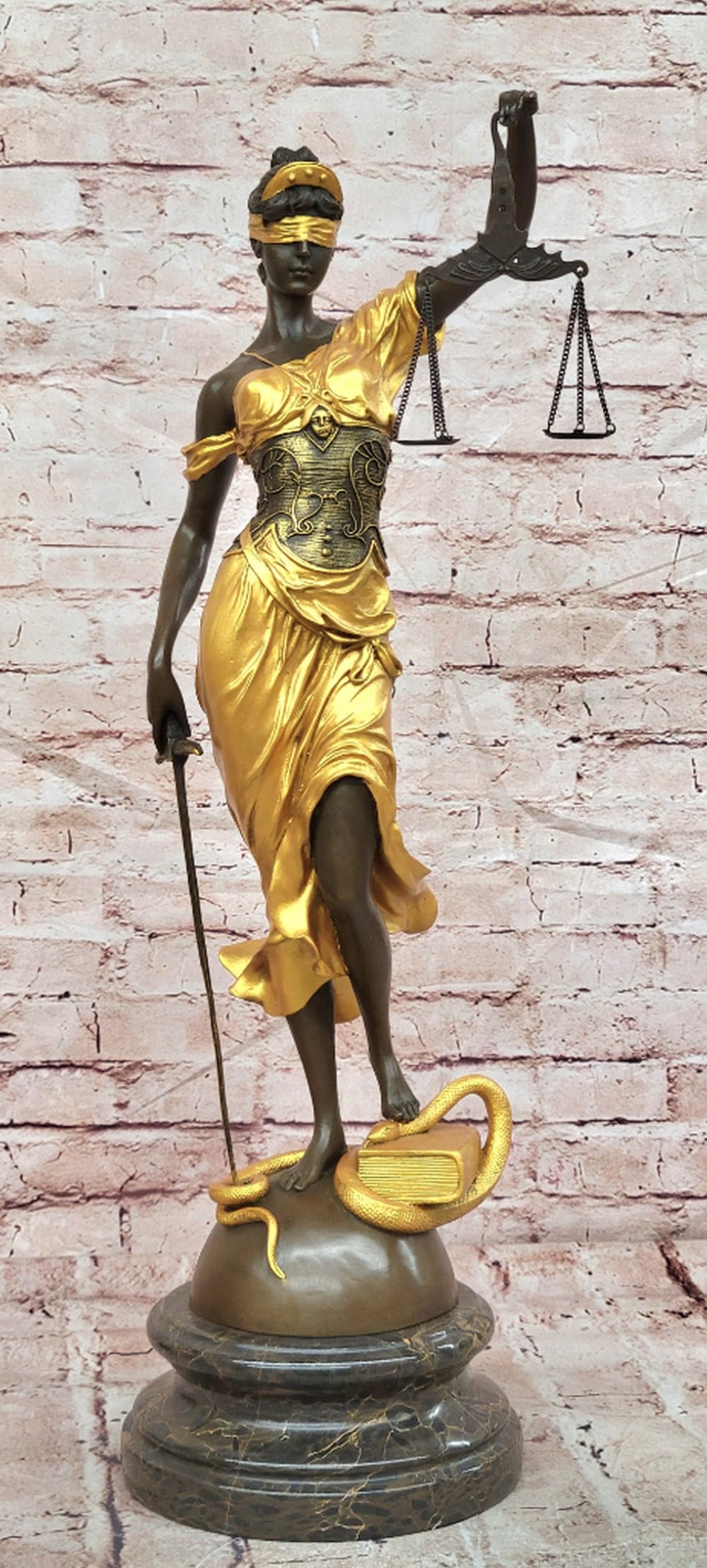 Gilded Themis Goddess of Justice Bronze Statue on Marble Base: Gilded Themis Goddess of Justice Bronze Statue on Marble Base Custom Made Bronze Sculpture Featuring Themis, The Goddess Of Justice, Elegantly Depicted With Gilded Accents And Classical Styling. This 