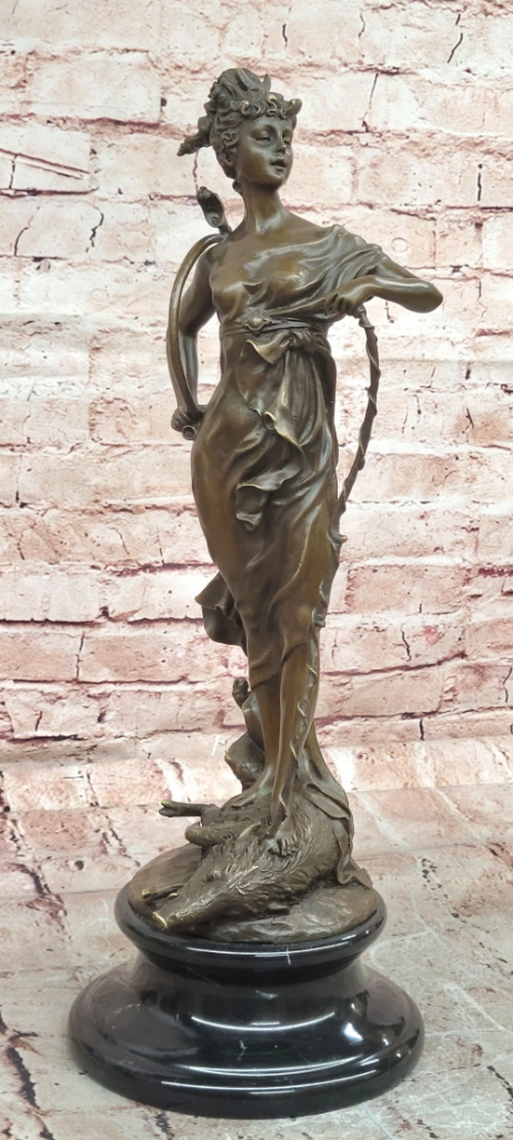 Diana with Boar Bronze Sculpture in the Manner of C.B. Albert - 19" x 7": Diana with Boar Bronze Sculpture in the Manner of C.B. Albert - 19" x 7" Introducing a Classical Bronze Sculpture: This depiction of Diana, the mythological goddess of the hunt, is meticulousl
