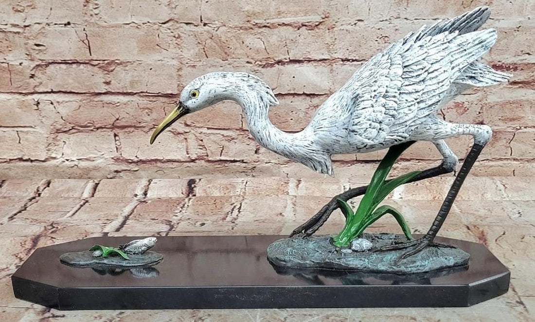 Milo Egret/Crane Hunting Fish Bronze Sculpture - 8.5" x 14.5" (1 of 6)