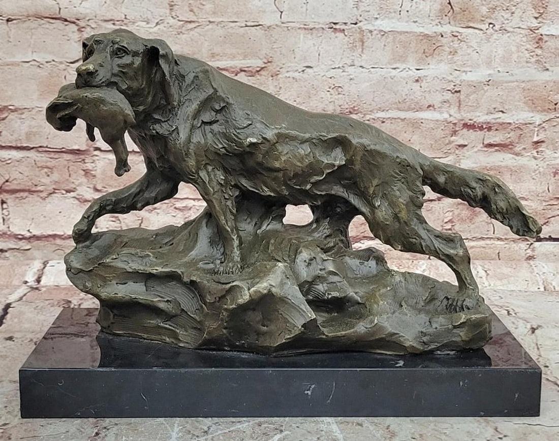 Miguel Lopez (Milo) Original Bronze Sculpture of Labrador Retriever with Duck - 9" x 12.5": Miguel Lopez (Milo) Original Bronze Sculpture of Labrador Retriever with Duck - 9" x 12.5" This bronze sculpture depicts a Labrador Retriever holding a duck, rendered with naturalistic proport