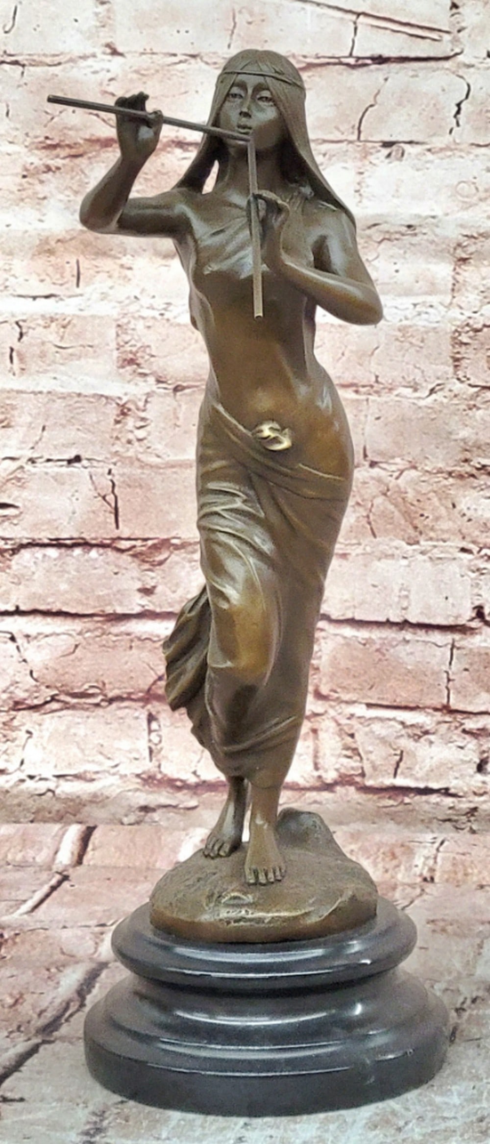 Original Bronze Native American Maiden Playing Flute Sculpture - 16.5" x 6": Original Bronze Native American Maiden Playing Flute Sculpture - 16.5" x 6" This original bronze sculpture depicts a Native American maiden playing a flute, shown in a composed standing pose. 