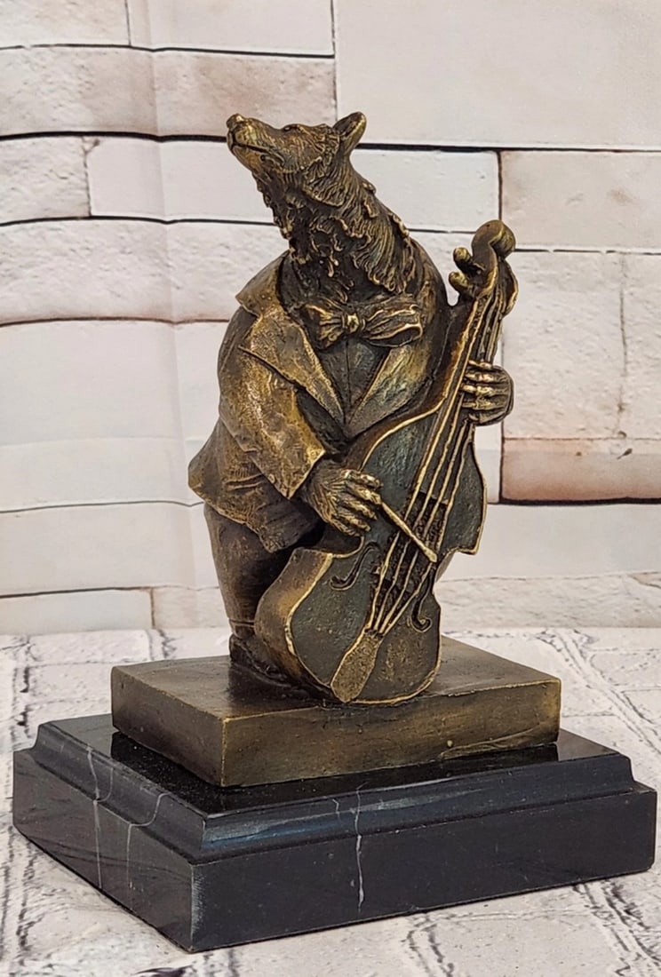 Bear Playing Cello Bronze Sculpture - 8" x 5.5": Bear Playing Cello Bronze Sculpture - 8" x 5.5" Introducing a Whimsical Bronze Sculpture: This depiction of a bear playing the cello is meticulously handcrafted with careful attention to detai