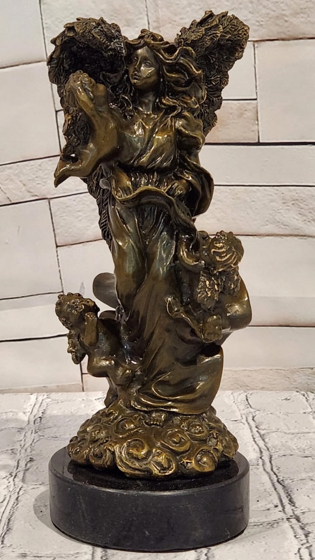 Angel with Cherubs Bronze Sculpture in the Manner of A. Moreau - 10.5" x 4": Angel with Cherubs Bronze Sculpture in the Manner of A. Moreau - 10.5" x 4" Introducing a Classical Bronze Sculpture: This depiction of an angel with cherubs is meticulously handcrafted with c