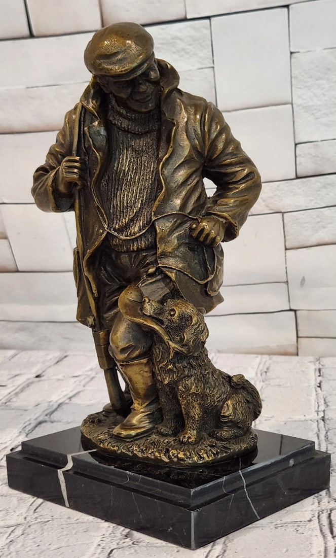 Fisherman with Dog Bronze Sculpture by Miguel Lopez - 10.5" x 6": Fisherman with Dog Bronze Sculpture by Miguel Lopez - 10.5" x 6" Introducing a Narrative Bronze Sculpture: This depiction of a fisherman with his dog is meticulously handcrafted with careful a