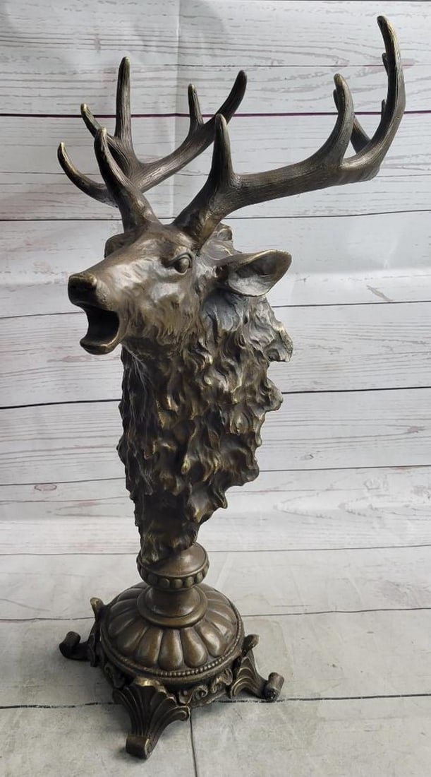 Elk Caribou Stag Antlers Bronze Bust Sculpture Statue Or 4 Post Base - 15lbs: This exquisite bronze bust celebrates the majestic family of deer. The magnificent antlers curve upward with a series of tines reaching outwards, while two cupped ears and a pair of alert eyes add to 