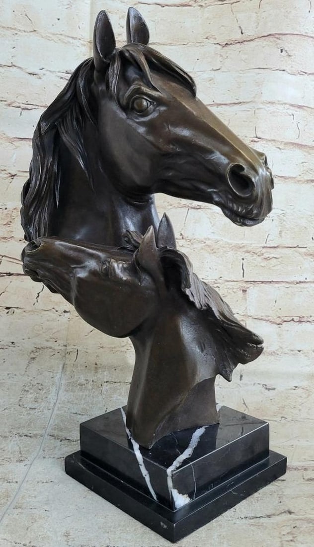 Two Horses Original Bronze Bust - 16" x 10": Two Horses Original Bronze Bust - 16" x 10" This striking bronze bust of two horses captures a dynamic moment of energy and motion, with their expressive faces showing excitement or perhaps su