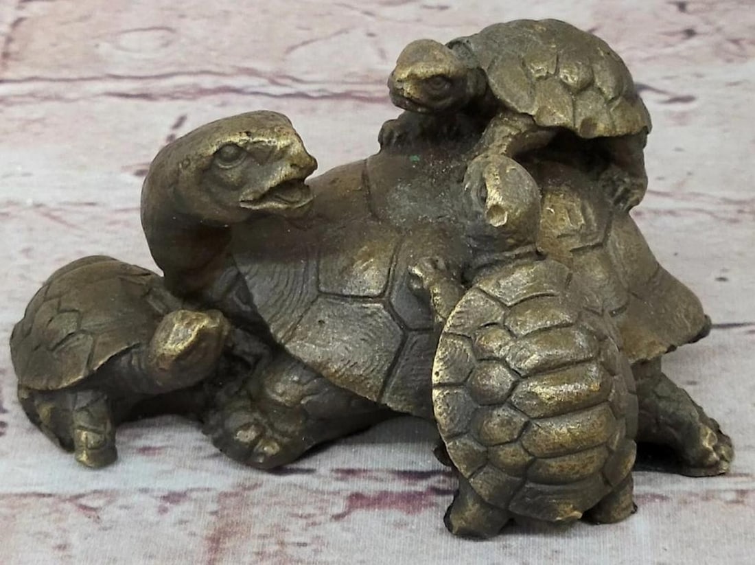 Signed Original Turtle Family Bronze Sculpture - 3.5" x 3.5": Signed Original Turtle Family Bronze Sculpture - 3.5" x 3.5" The mother turtle can be seen here with three of her offspring along a marshy bed of a lake. Before they venture off into the wilde