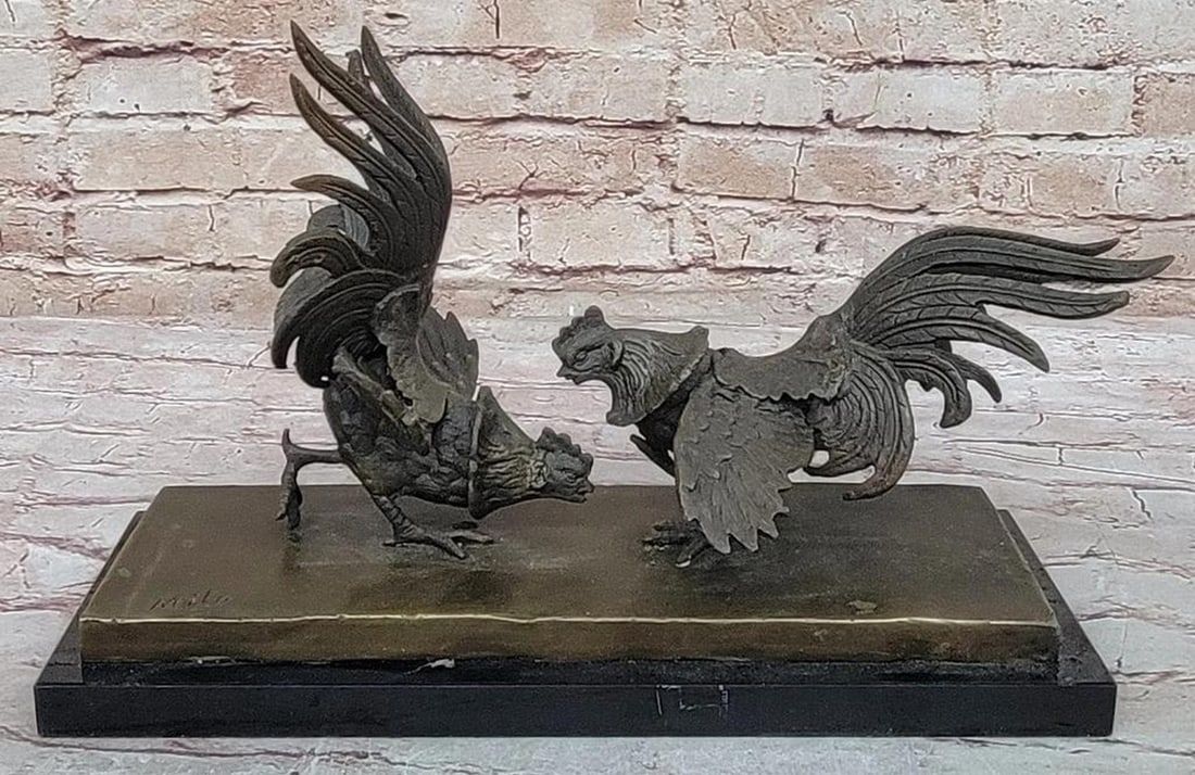 Two Roosters Locked in Battle" Bronze Sculpture by Miguel Lopez - 9" x 13.5: "Two Roosters Locked in Battle" Bronze Sculpture by Miguel Lopez - 9" x 13.5" Elevate your space with the captivating artistry of the "Two Roosters Locked in Battle" Bronze Scu