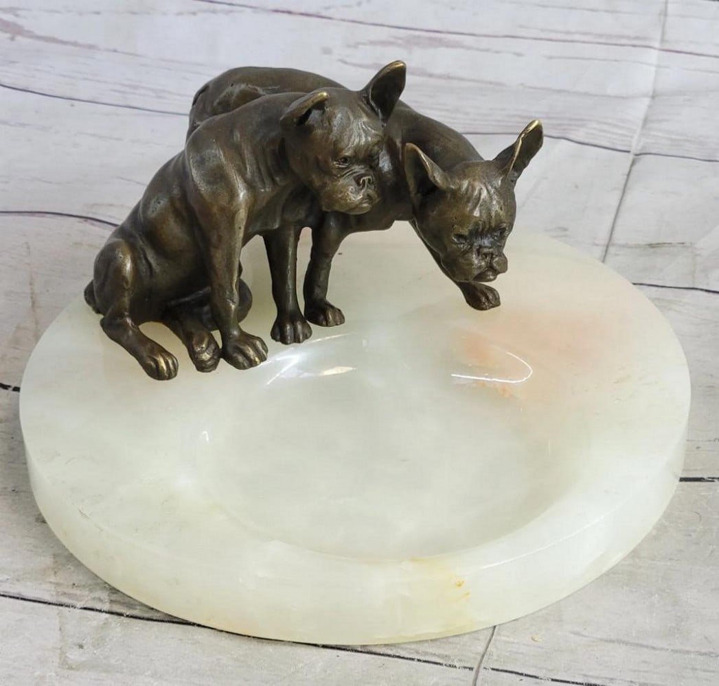 French Bulldogs Original Bronze Statue on Onyx Dish - 4.5" x 8" (1 of 7)
