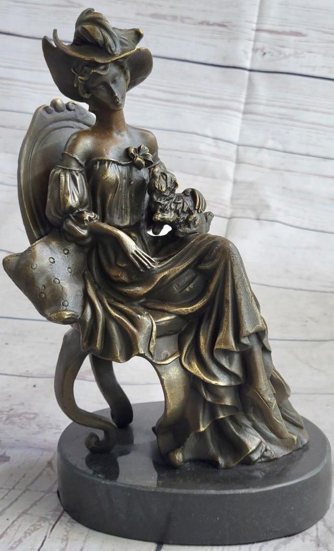 Victorian Woman with Dog Original Bronze Sculpture by Fisher - 10" x 6": Victorian Woman with Dog Original Bronze Sculpture by Fisher - 10" x 6" This captivating bronze sculpture by Fisher beautifully captures a scene from the Victorian era, depicting a middle-aged