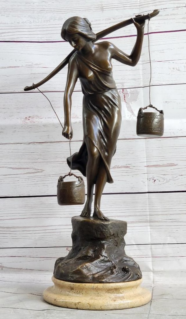 Graceful Water Bearer Inspired Bronze Sculpture by P. Kowalczewski - 16 "x 9": Graceful Water Bearer Inspired Bronze Sculpture by P. Kowalczewski - 16 "x 9" This exquisite bronze sculpture by renowned artist P. Kowalczewski depicts a young semi-nude lady gracefully kneel