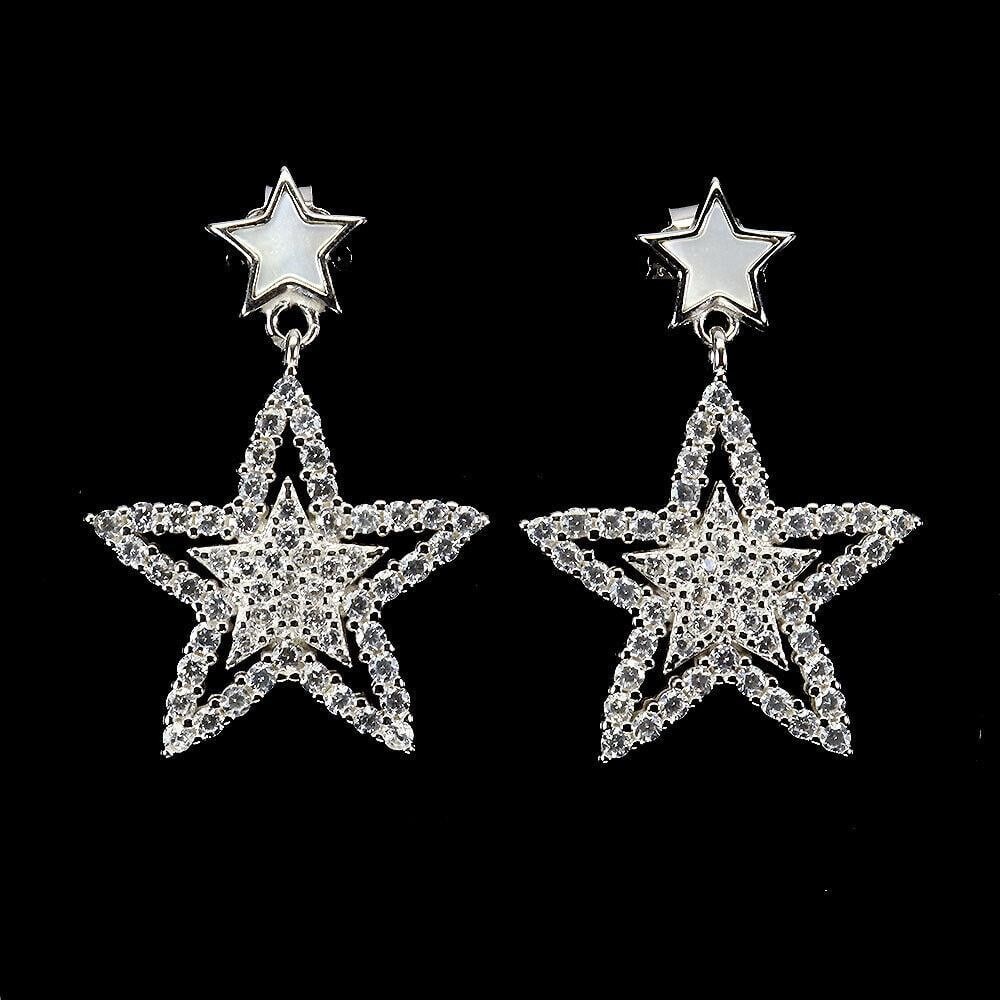 5mm Natural Mother of Pearl 925 Sterling Silver Star Dangle Earrings: 5mm Natural Mother of Pearl 925 Sterling Silver Star Dangle Earrings Add a touch of celestial charm with these star-shaped dangle earrings, featuring 5mm natural mother of pearl gemstones set in 925 s