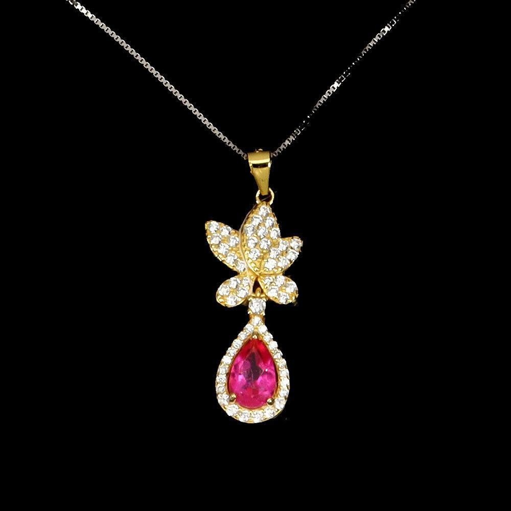 Pear Pink Topaz and Cz 925 Sterling Silver 18" Flower Necklace: Pear Pink Topaz and Cz 925 Sterling Silver 18" Flower Necklace Metal: 925 Sterling Silver Plate: 14k Yellow Gold Style: Tennis Main Stone: Pear Cut Rich Pink Topaz Chain type: Curb Link Necklace L