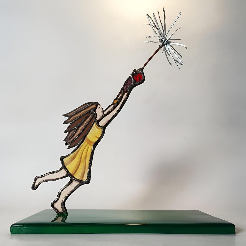 Anything is Possible' Stained Glass Sculpture by April Pebble: 'Anything is Possible' Stained Glass Sculpture by April Pebble This stained glass sculpture is hand-painted with vitreous paints and mounted on a copper base. The composition depicts a female figure i