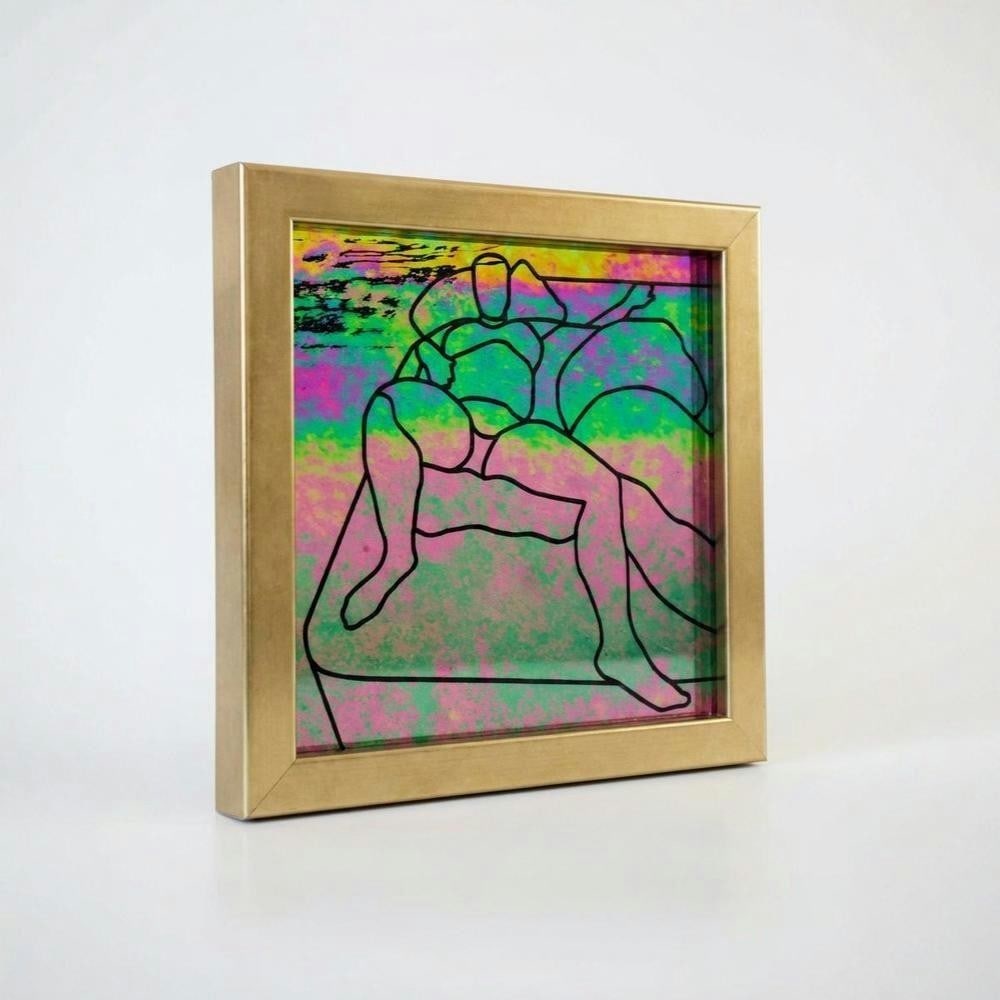Stealth Nude' Framed Glass Artwork by Laura Kriefman: 'Stealth Nude' Framed Glass Artwork by Laura Kriefman This framed glass artwork features a subtly sensual nude figure sandblasted into iridised coloured glass. The figure emerges and recedes as light 