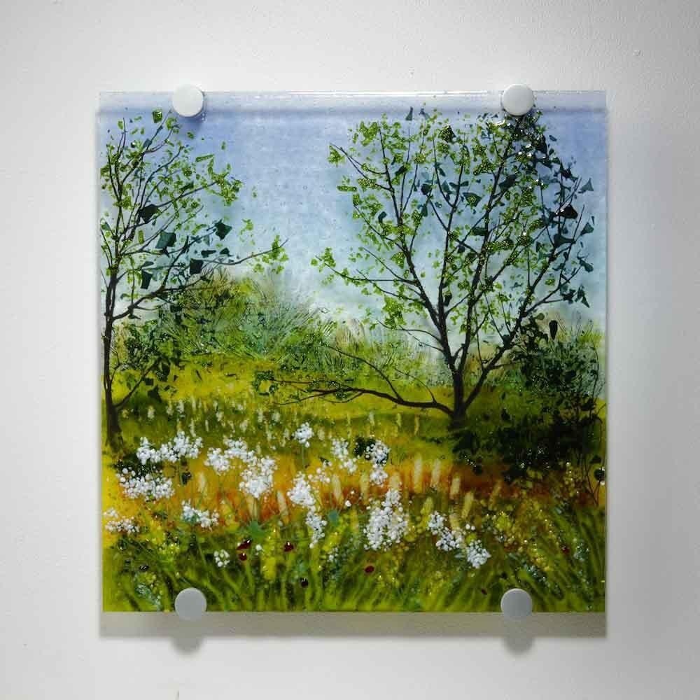 Fused Glass Landscape 'Bullrushes on Manton Flood Plain' by Kathryn Webley: Fused Glass Landscape 'Bullrushes on Manton Flood Plain' by Kathryn Webley This fused glass panel captures the serene beauty of spring along the Chesterfield Canal, depicting bullrushes and cow parsle