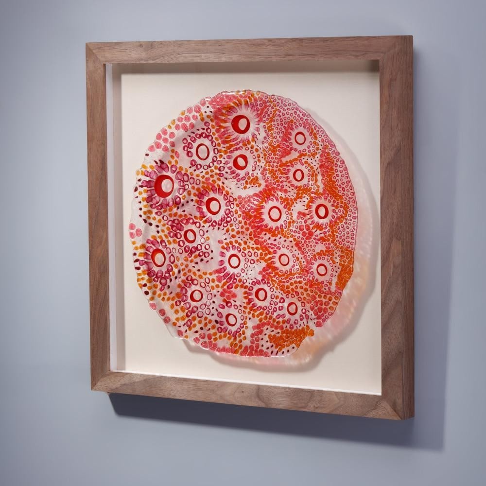 Phyllostachys Aurea' Wall Art by Amelia Burke: 'Phyllostachys Aurea' Wall Art by Amelia Burke This vibrant fused glass artwork features hand-chopped murrine, carefully shaped and fused into a striking composition. Set in a wooden frame with framer