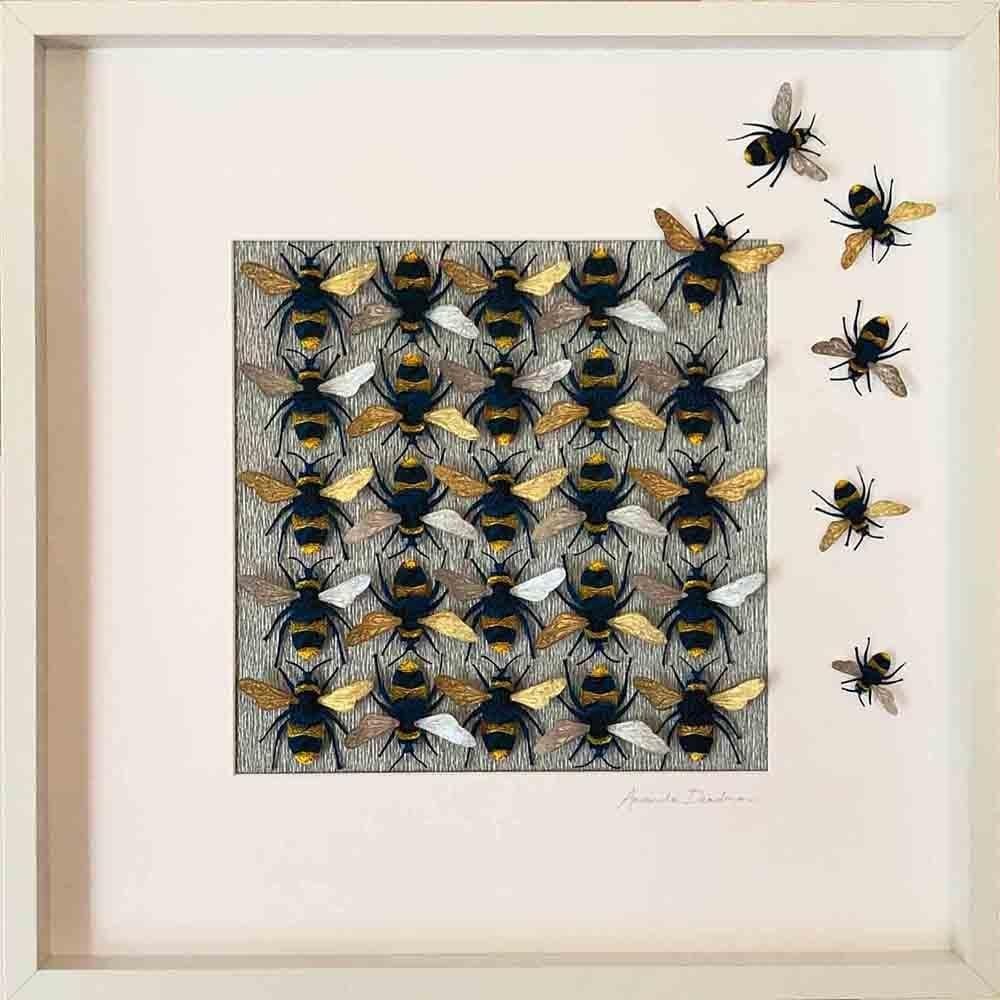Making A Bee Line' Bee Artwork by Amanda Deadman Art: Making A Bee Line' Bee Artwork by Amanda Deadman Art This large 3D paper sculpture celebrates the beauty and importance of bees. Each of the 30 hand-painted watercolour bees features alternating silve