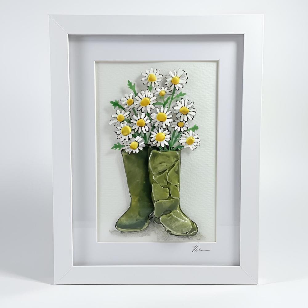 Daisies in Welly Boots!' Handcrafted Sea Glass Wall Art by Sea on Glass: 'Daisies in Welly Boots!' Handcrafted Sea Glass Wall Art by Sea on Glass This framed artwork features cheerful daisies arranged in a pair of classic wellies, created from hand-collected sea glass. Eac