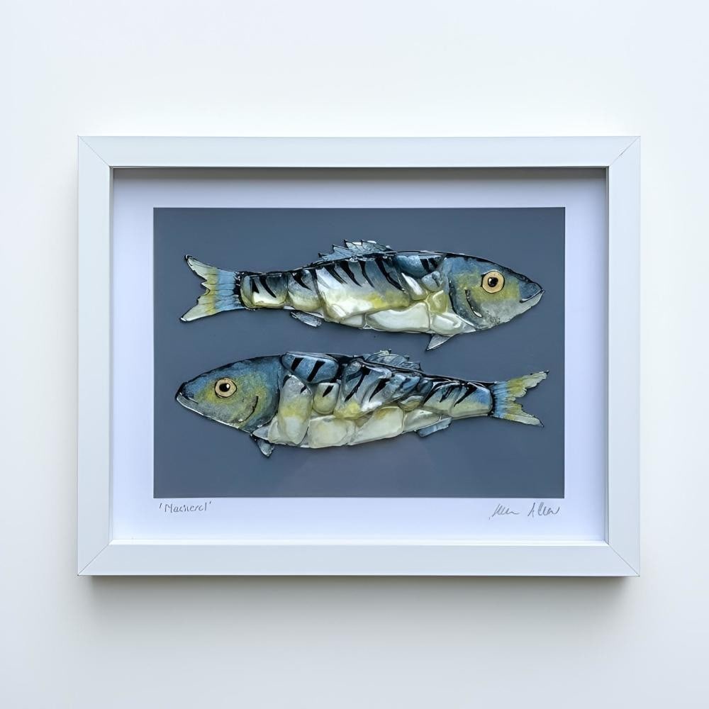 Mackerels' Handcrafted Sea Glass Wall Art by Sea on Glass: Mackerels' Handcrafted Sea Glass Wall Art by Sea on Glass This framed artwork features a group of shimmering mackerel, created from hand-collected sea glass. The carefully arranged pieces capture the 