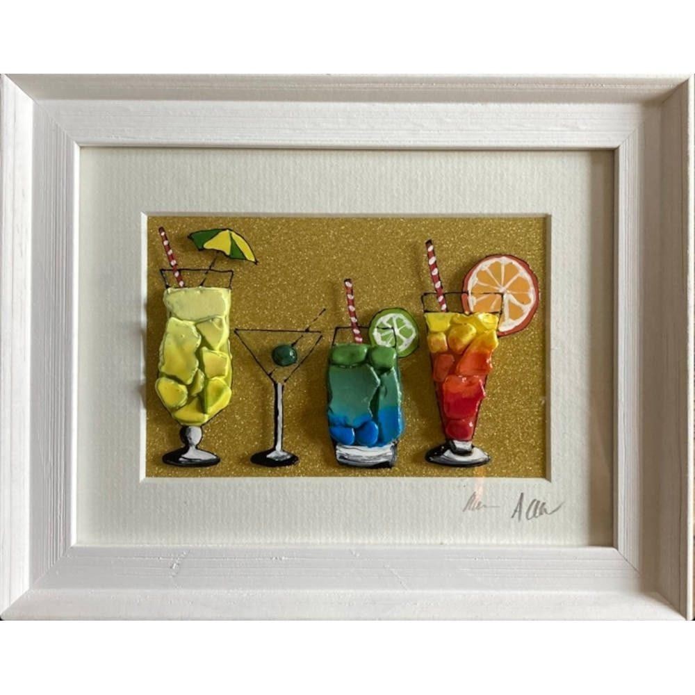 COCKTAIL LINE UP' Handcrafted Sea Glass Wall Art by Sea on Glass: 'COCKTAIL LINE UP' Handcrafted Sea Glass Wall Art by Sea on Glass This framed artwork features a colourful lineup of cocktails created from hand-collected sea glass and glass paints. Each piece has be