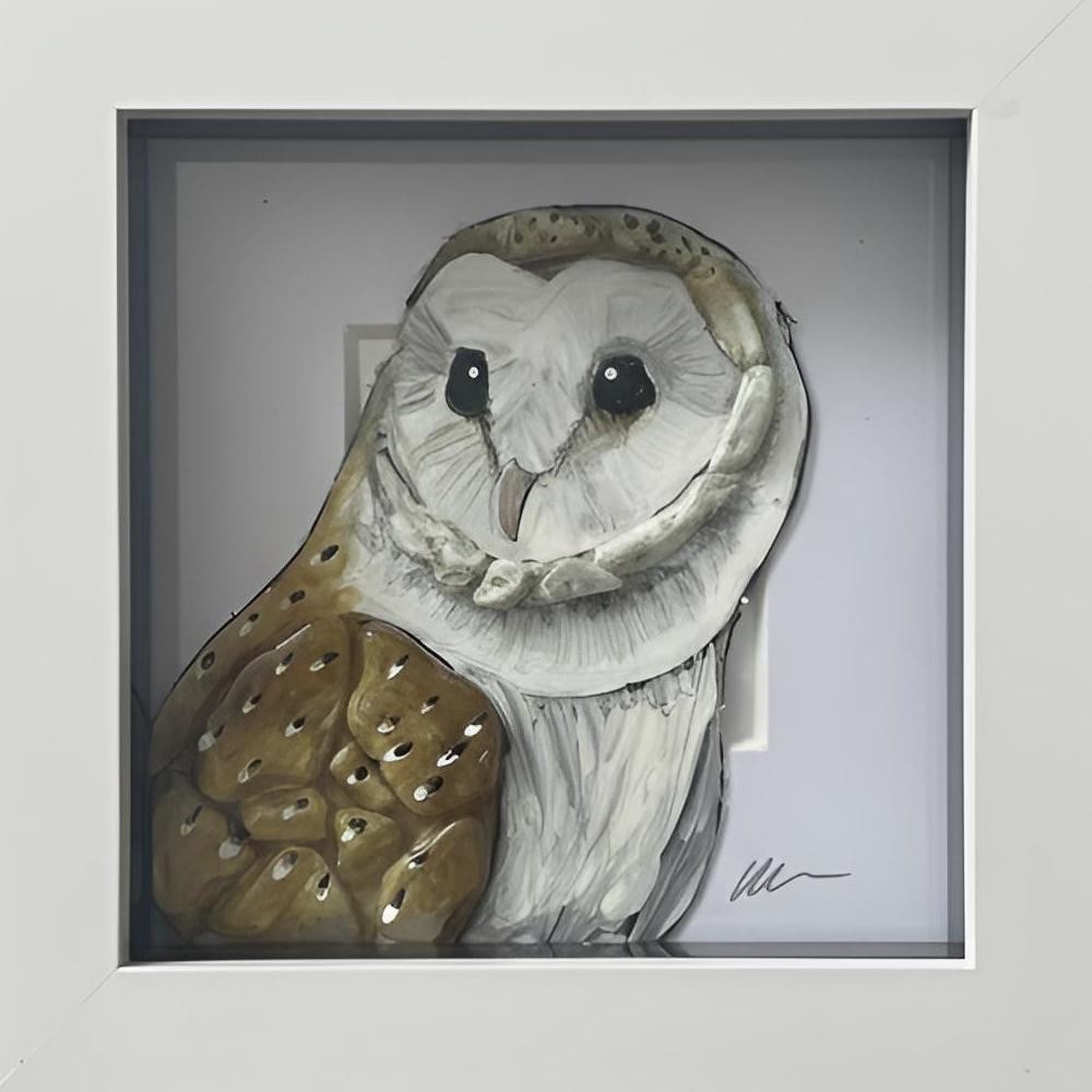 Framed Sea Glass Art 'Barn Owl' by Sea on Glass: Framed Sea Glass Art 'Barn Owl' by Sea on Glass This framed artwork features a barn owl composed from hand-collected sea glass. The natural shapes and soft translucency of the glass give the owl a gen