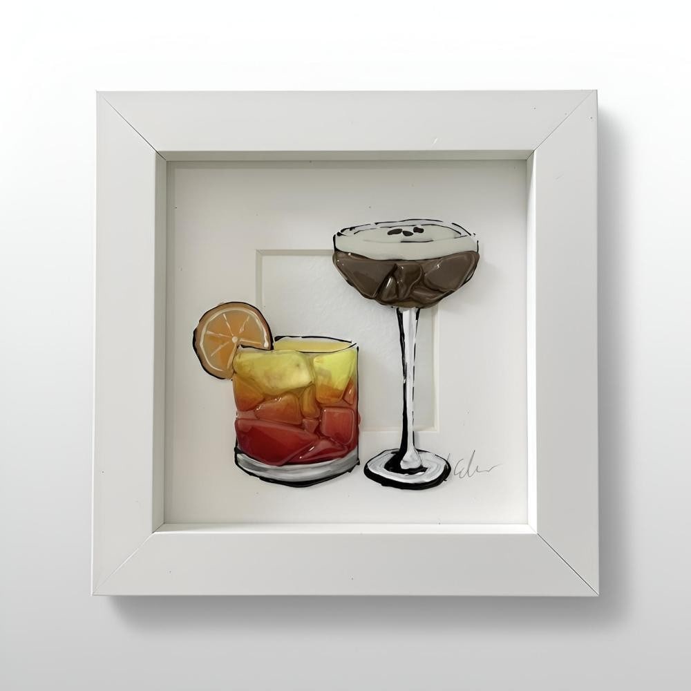 Cocktail Time' Sea Glass Wall Art by Sea on Glass: 'Cocktail Time' Sea Glass Wall Art by Sea on Glass This framed artwork features a playful composition of two colourful drinks, created using hand-collected sea glass pieces. The soft translucency and 
