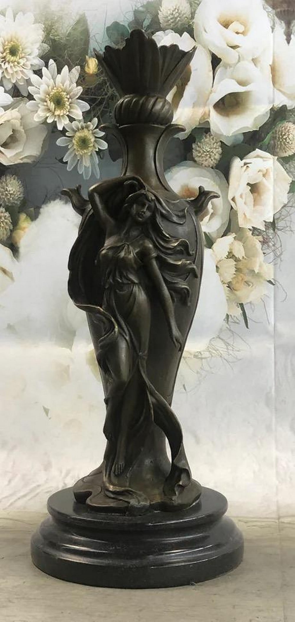 Art Deco Posing Women on Sleek Bronze Vase - 15" x 6": Art Deco Posing Women on Sleek Bronze Vase - 15" x 6" Exquisitely crafted using the Lost Wax Method, this Bronze Statue of a Seductive Woman on a marble base showcases the artist's meticulous 