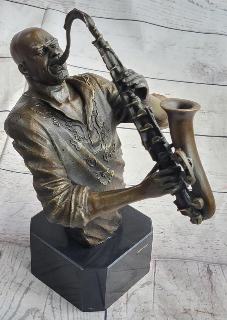Soulful Melodies Original Bronze Art Sculpture of African American Jazz Saxophonist - 10" x 9": Soulful Melodies Original Bronze Art Sculpture of African American Jazz Saxophonist - 10" x 9" Elevate any space with the enchanting "Saxophone Player" bronze figurine, a captivating p