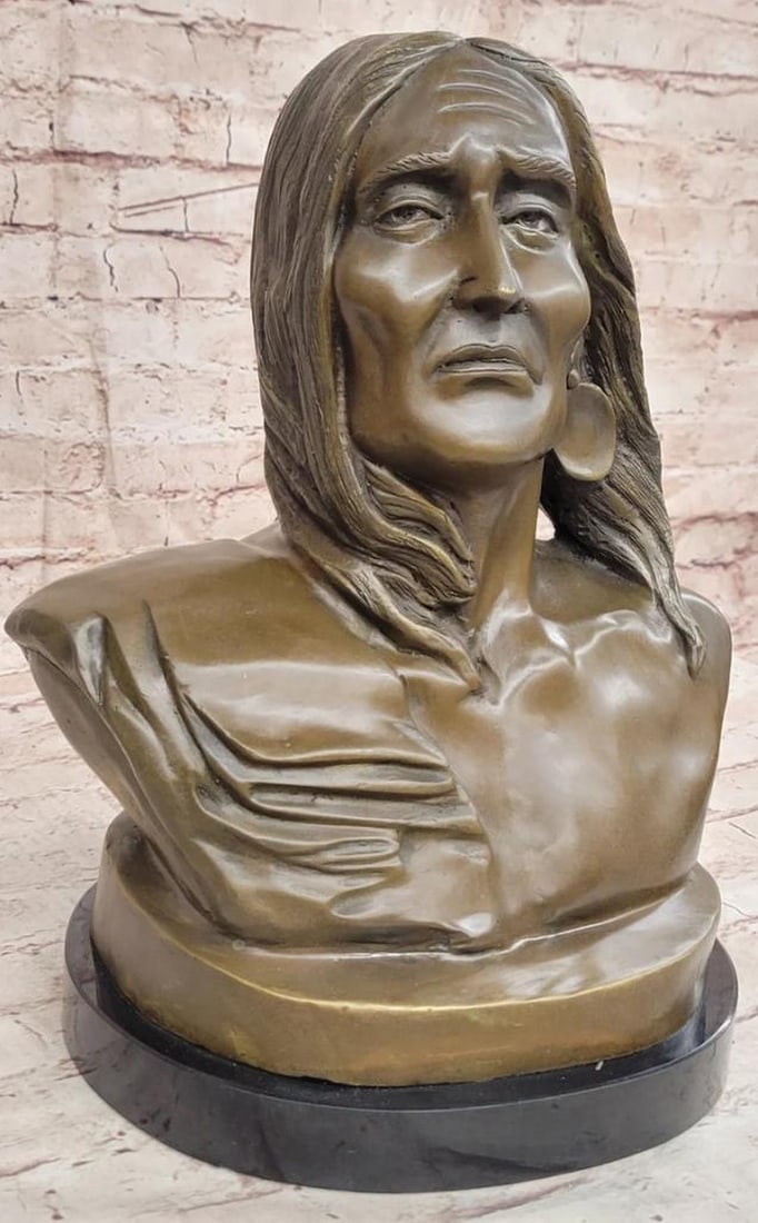 Whispers of Heritage Soul of The Native American Chief in Original Bronze Sculpture - 13.5" x 10": Whispers of Heritage Soul of The Native American Chief in Original Bronze Sculpture - 13.5" x 10" Crafted by the esteemed artist Milo, this exceptional bronze bust sculpture pays homage to a r