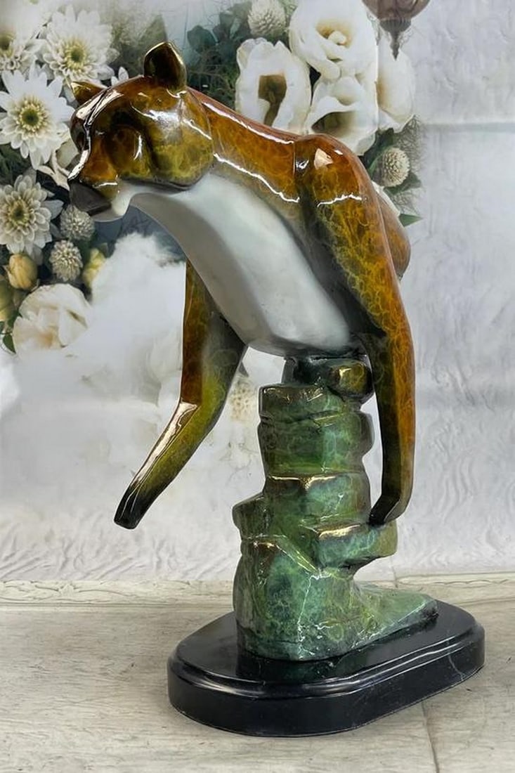 Stealthy Predator Mountain Lion Cougar Bronze Glazed Patina Art Sculpture - 14" x 10": Stealthy Predator Mountain Lion Cougar Bronze Glazed Patina Art Sculpture - 14" x 10" Evoke the enigmatic spirit of the wild with our Stealthy Predator Mountain Lion Cougar Bronze Glazed Patin