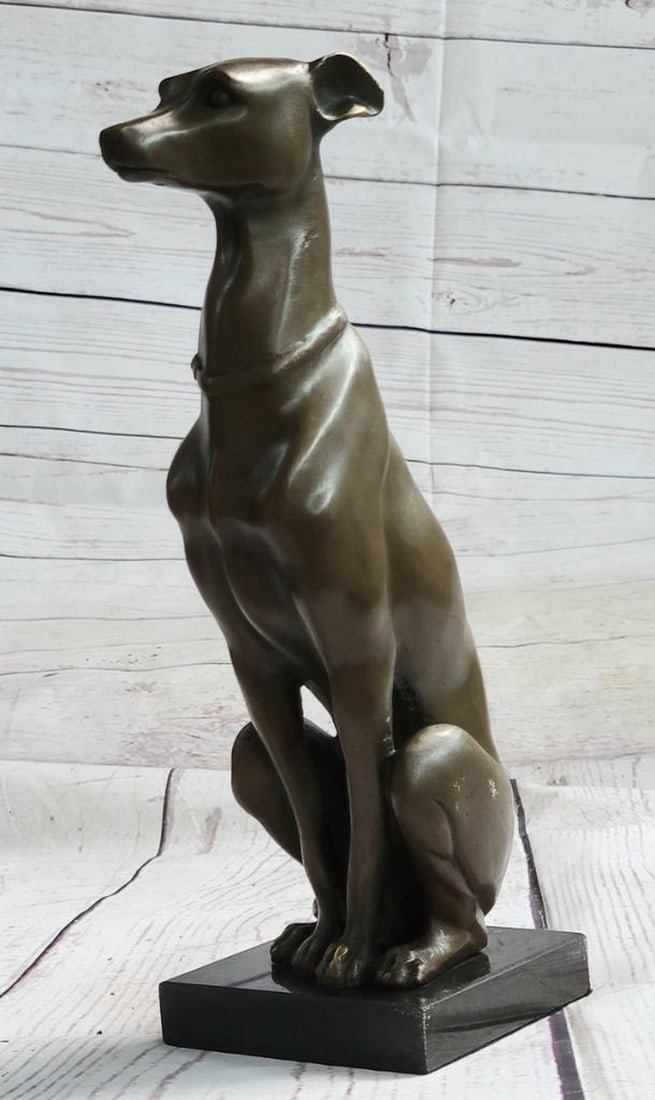 Sitting Greyhound Dog Bronze Statue: Sitting Greyhound Dog Bronze Statue This sculpture of this beautiful and strong Grey Hound is amazing. This lovely dog sculpture would go perfect in anyone house, as a keeper or a gift you must see it