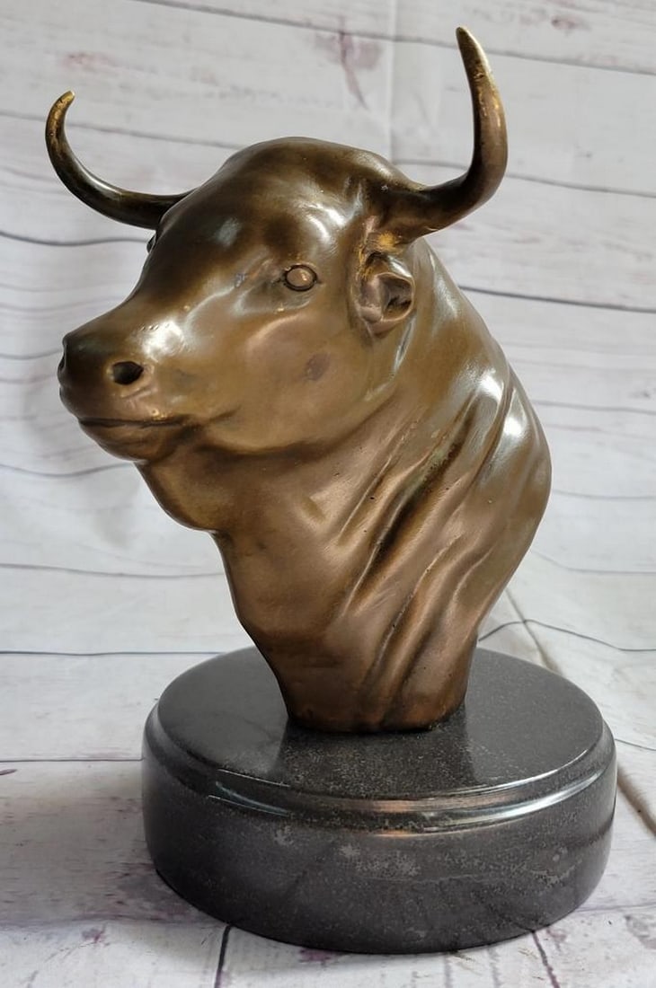 Original Bull Head Bronze Bust Sculpture On Marble Base Signed Miguel Lopez - 6lbs: This expressive Bronze Bull Bust Sculpture from renowned artist Miguel Lopez blends natural inspiration with a unique contemporary perspective and look to create a sense of vitality and living color a