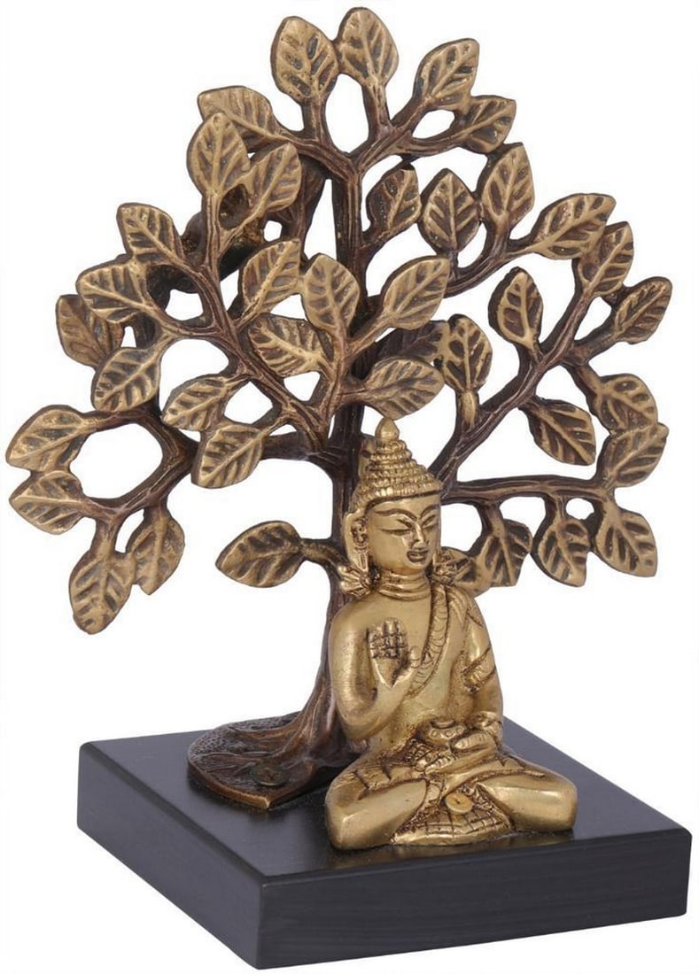 Bodhi Tree Buddha Brass Statue on Wooden Pedestal - 6" (1 of 2)