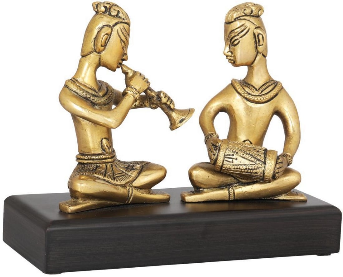 5" Pair of Folk Musicians for Car Dashboard: 5" Pair of Folk Musicians for Car Dashboard This 5" handcrafted piece beautifully depicts a pair of Indian folk musicians, capturing the spirit of rural melodies and cultural heritage. One mus