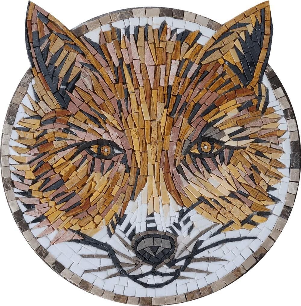 Fox Face Marble Mosaic Tile: Fox Face Marble Mosaic Tile A handcrafted square mosaic made from natural marble stones. This design features a detailed fox face motif created with hand-cut tesserae, forming a textured surface with 